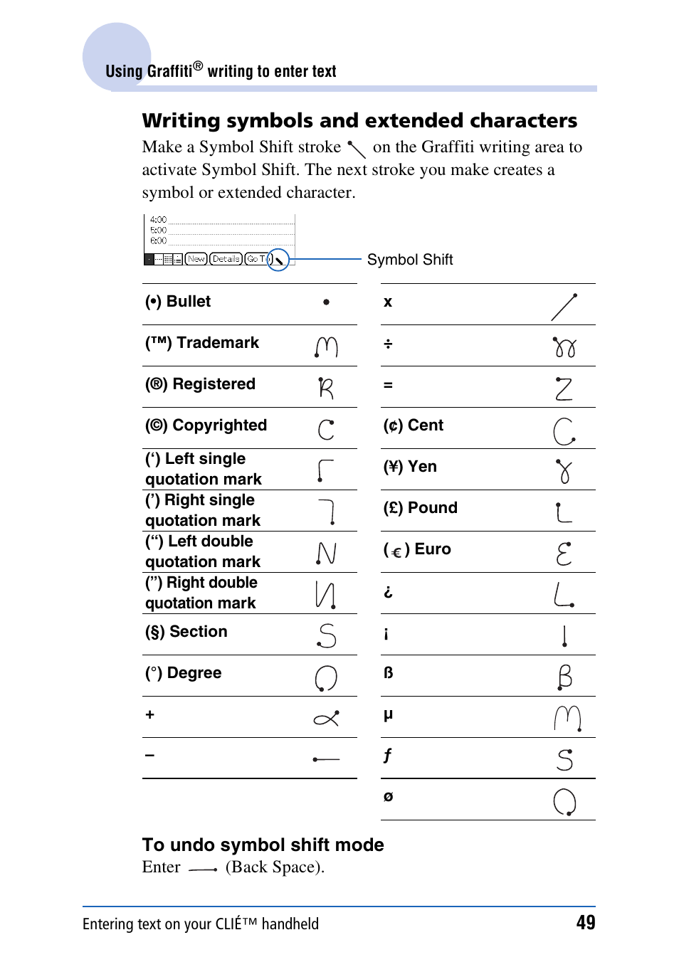 Writing symbols and extended characters | Sony PEG-NX80V User Manual | Page 49 / 200