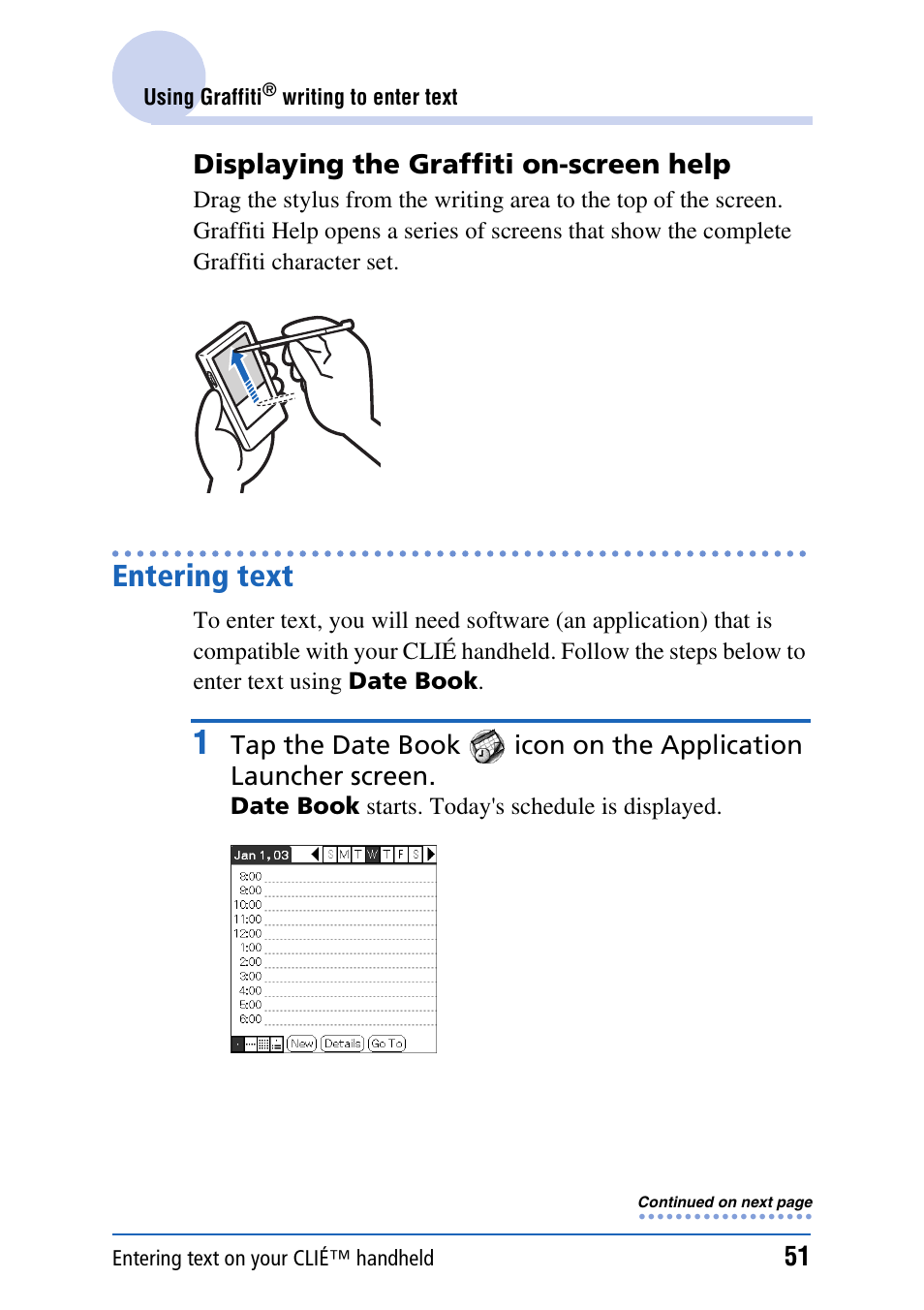 Entering text, Displaying the graffiti on-screen help | Sony PEG-NX80V User Manual | Page 51 / 200