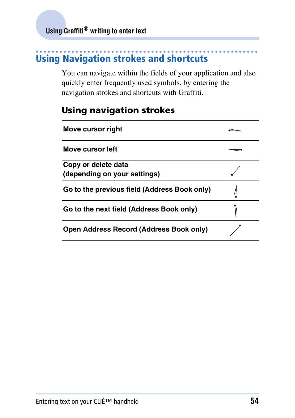 Using navigation strokes and shortcuts, Using navigation strokes | Sony PEG-NX80V User Manual | Page 54 / 200