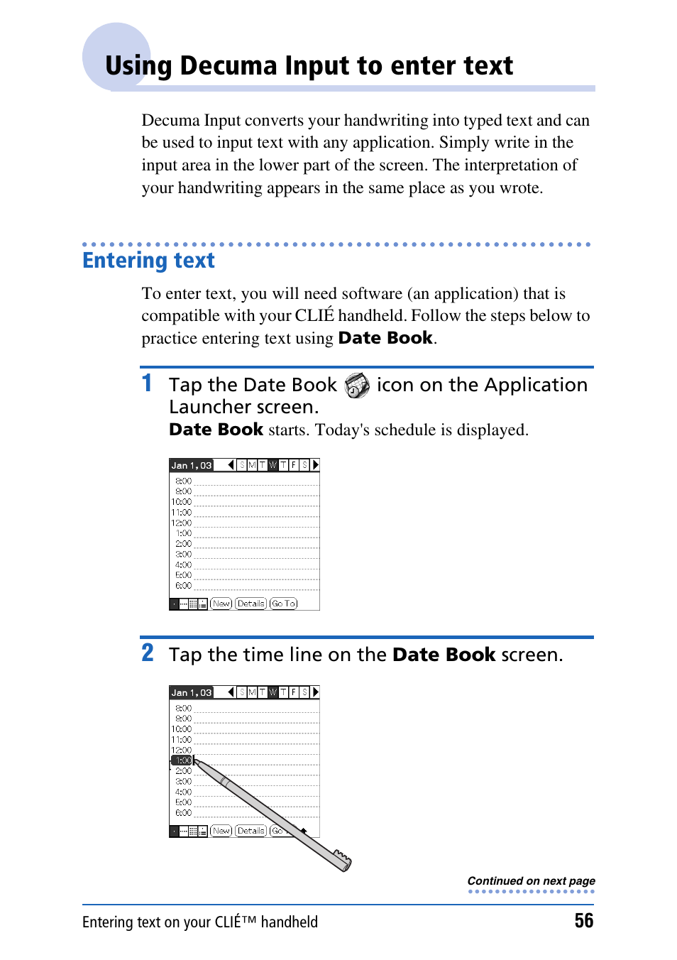 Using decuma input to enter text, Entering text | Sony PEG-NX80V User Manual | Page 56 / 200