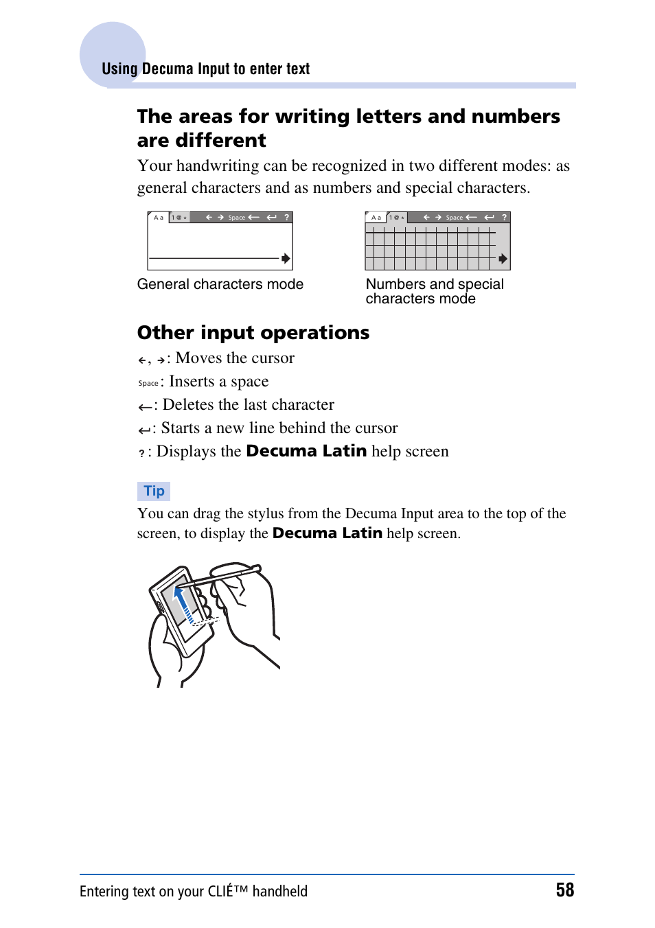 Other input operations, Entering text on your clié™ handheld, Using decuma input to enter text | Sony PEG-NX80V User Manual | Page 58 / 200