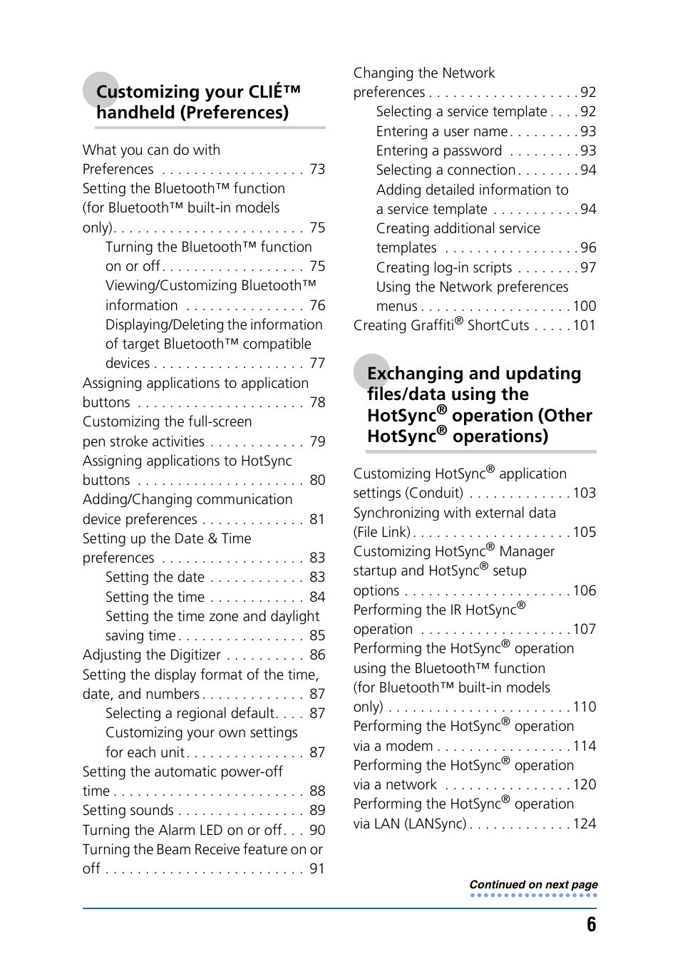 Customizing your clié™ handheld (preferences), Operation (other hotsync, Operations) | Sony PEG-NX80V User Manual | Page 6 / 200