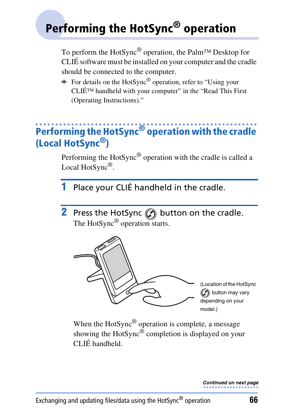 Performing the hotsync® operation, Performing the hotsync, Operation | Operation with the cradle, Local hotsync, Operation with the cradle (local hotsync | Sony PEG-NX80V User Manual | Page 66 / 200