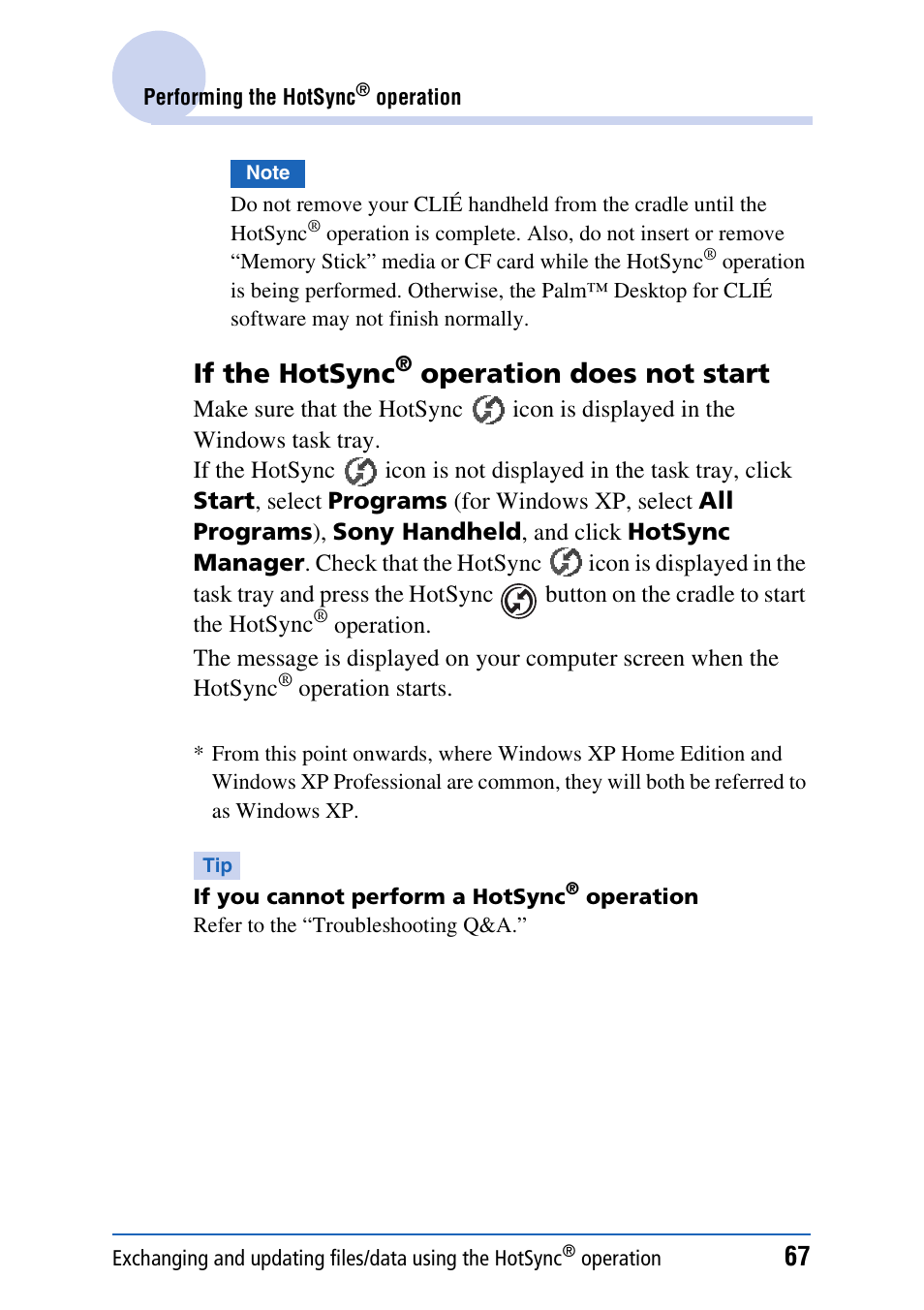 If the hotsync, Operation does not start | Sony PEG-NX80V User Manual | Page 67 / 200