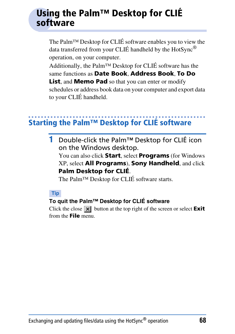 Using the palm™ desktop for clié software, Starting the palm™ desktop for clié software | Sony PEG-NX80V User Manual | Page 68 / 200