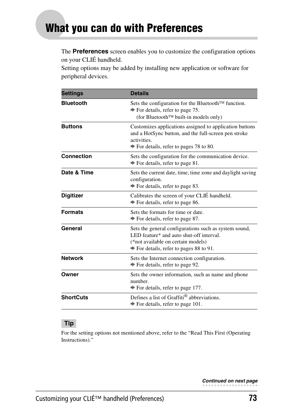 What you can do with preferences | Sony PEG-NX80V User Manual | Page 73 / 200