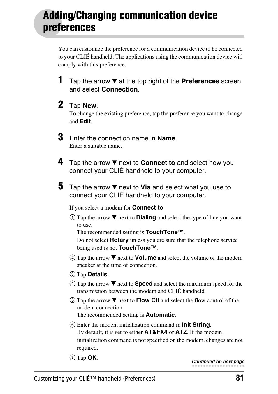 Adding/changing communication device preferences, Adding/changing communication device, Preferences | Sony PEG-NX80V User Manual | Page 81 / 200