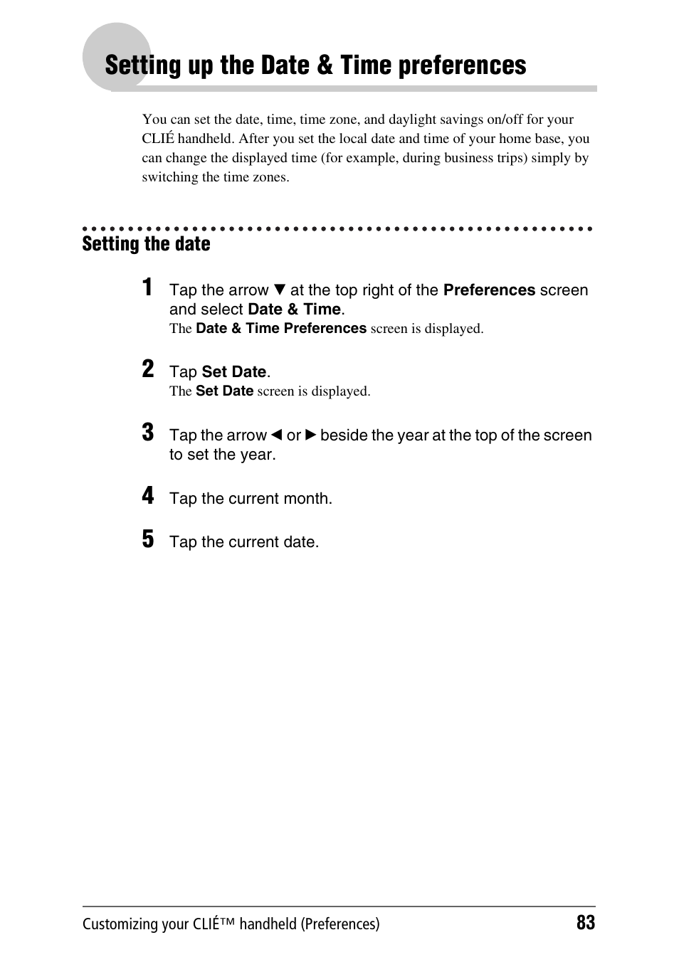 Setting up the date & time preferences, Setting the date | Sony PEG-NX80V User Manual | Page 83 / 200