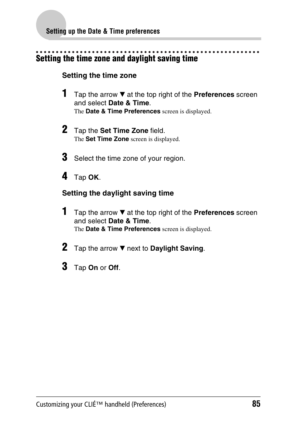 Setting the time zone and daylight saving time | Sony PEG-NX80V User Manual | Page 85 / 200