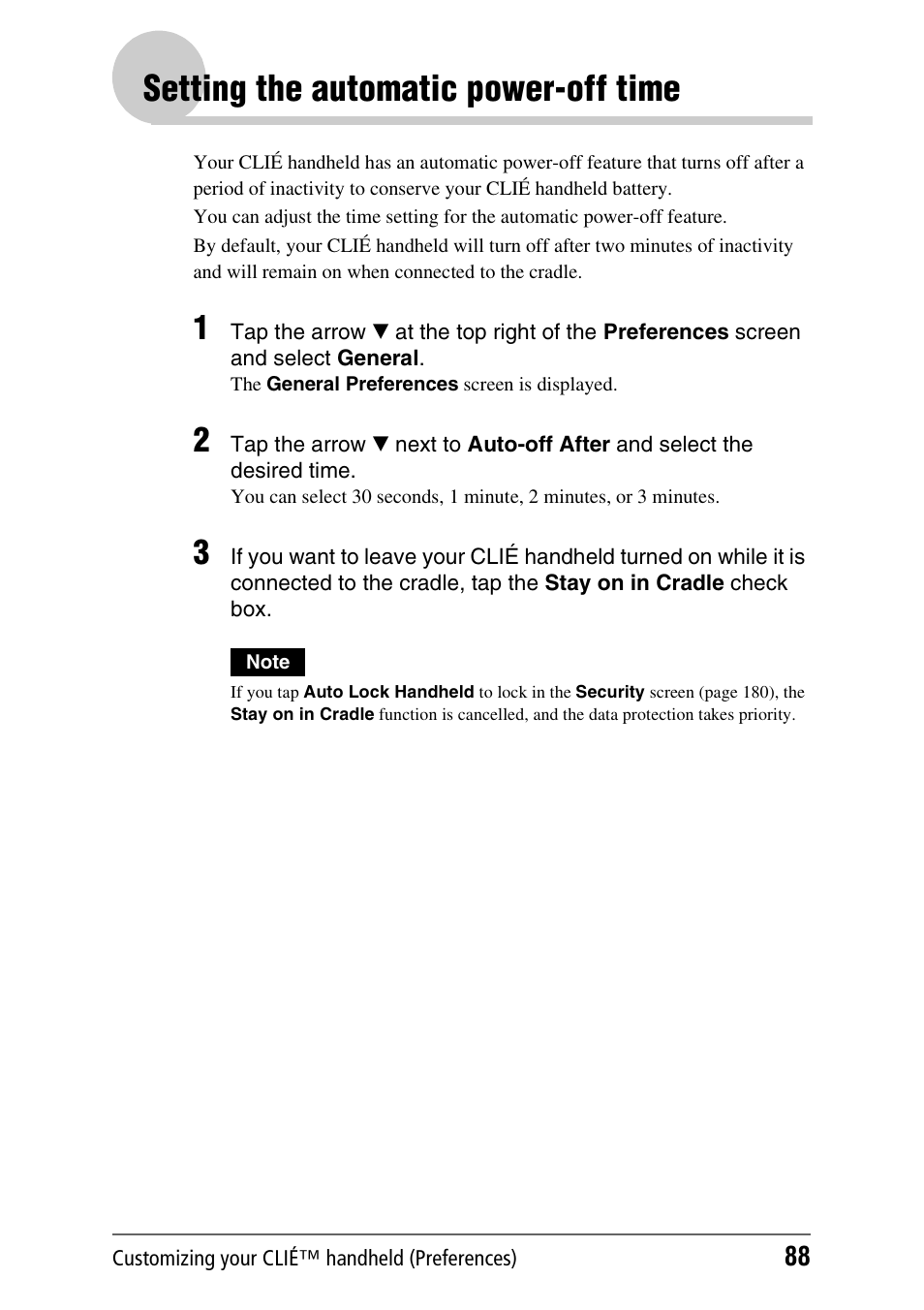 Setting the automatic power-off time, S 88 t | Sony PEG-NX80V User Manual | Page 88 / 200