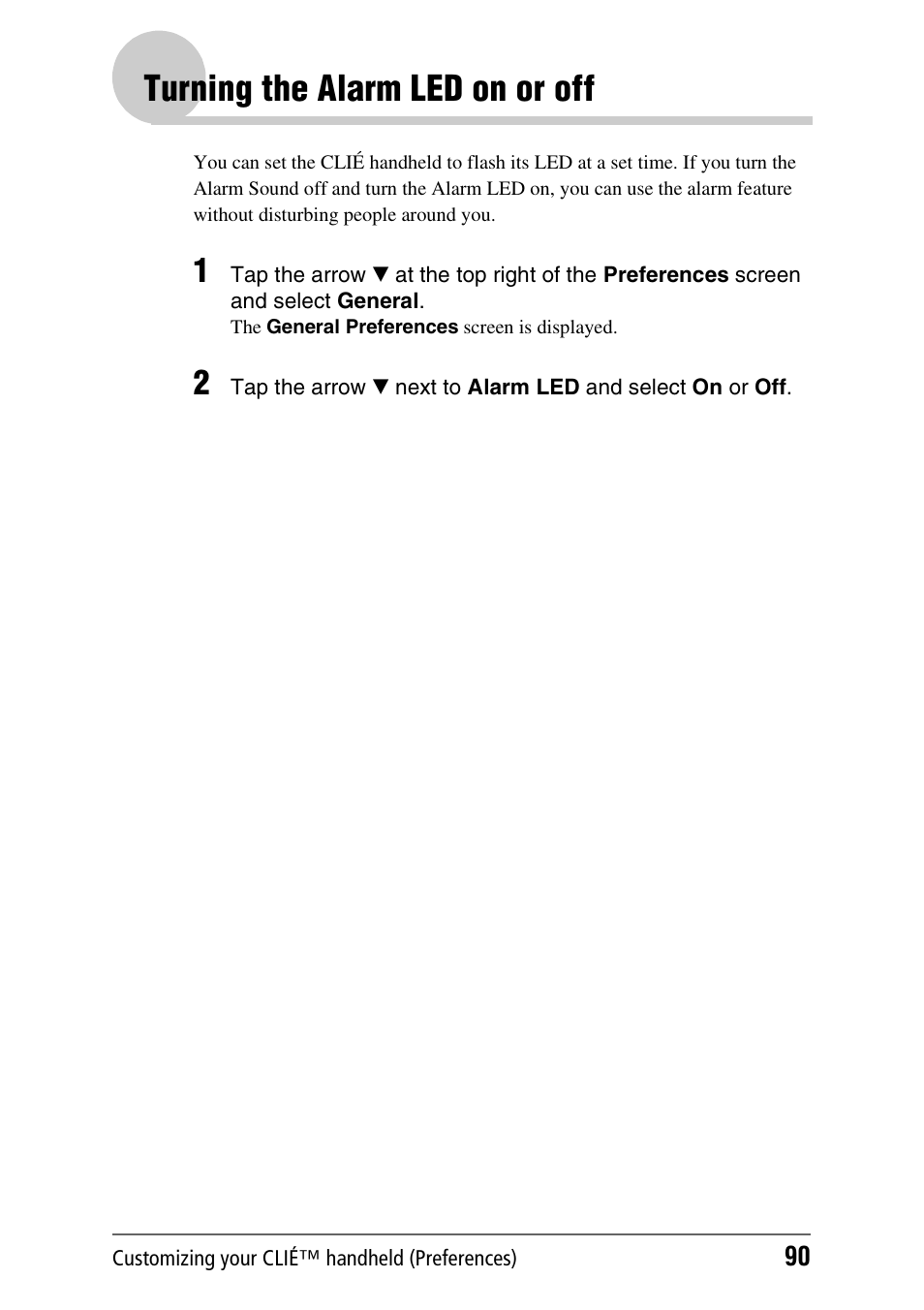 Turning the alarm led on or off | Sony PEG-NX80V User Manual | Page 90 / 200