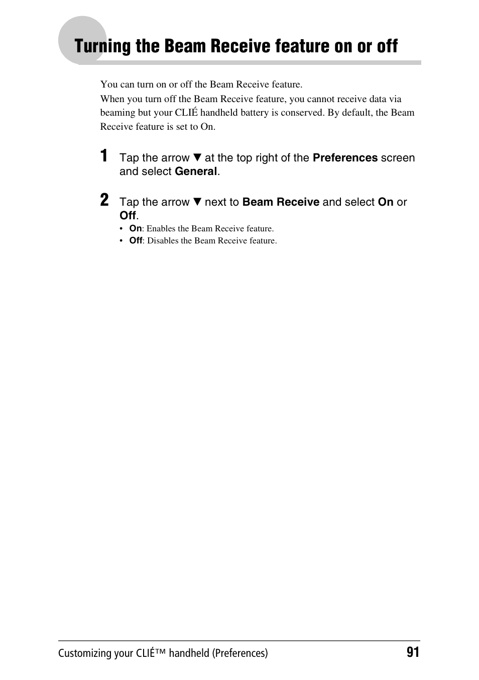 Turning the beam receive feature on or off | Sony PEG-NX80V User Manual | Page 91 / 200