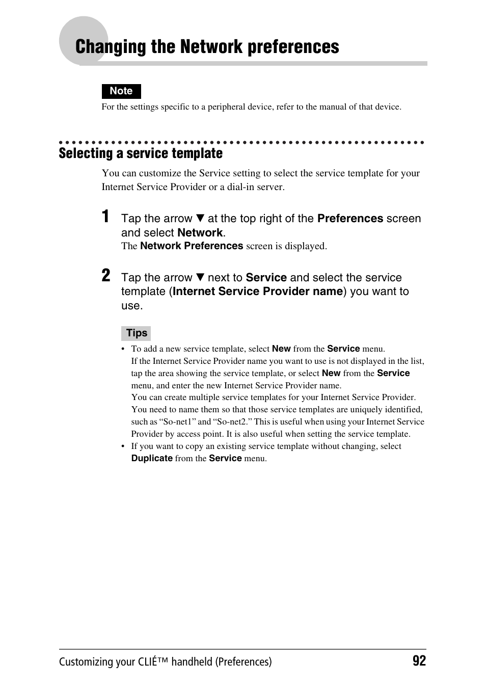 Changing the network preferences, Selecting a service template | Sony PEG-NX80V User Manual | Page 92 / 200