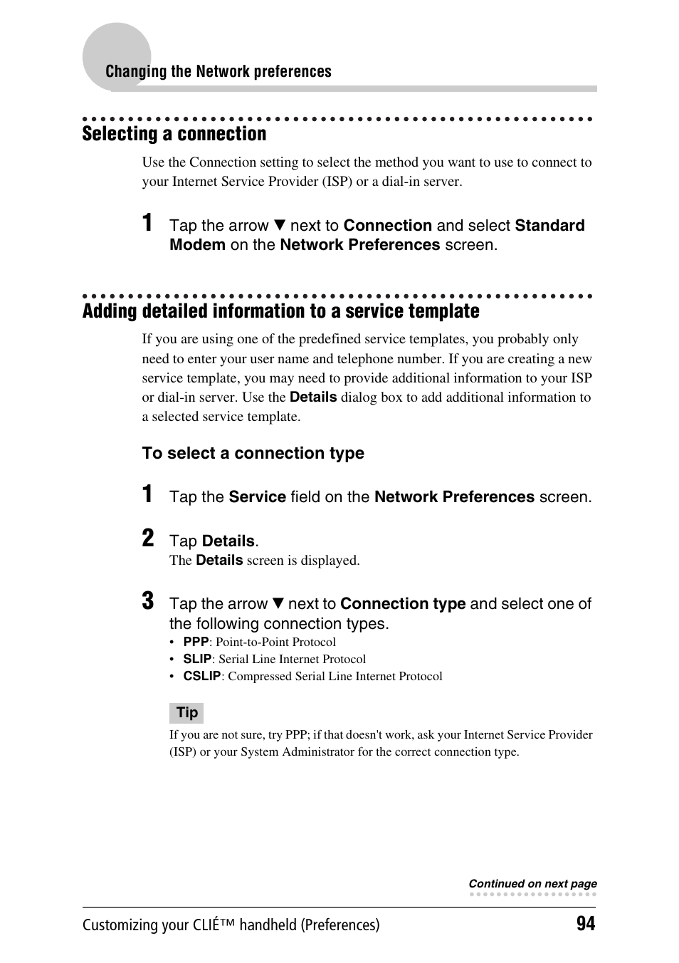 Selecting a connection, Adding detailed information to a service template | Sony PEG-NX80V User Manual | Page 94 / 200