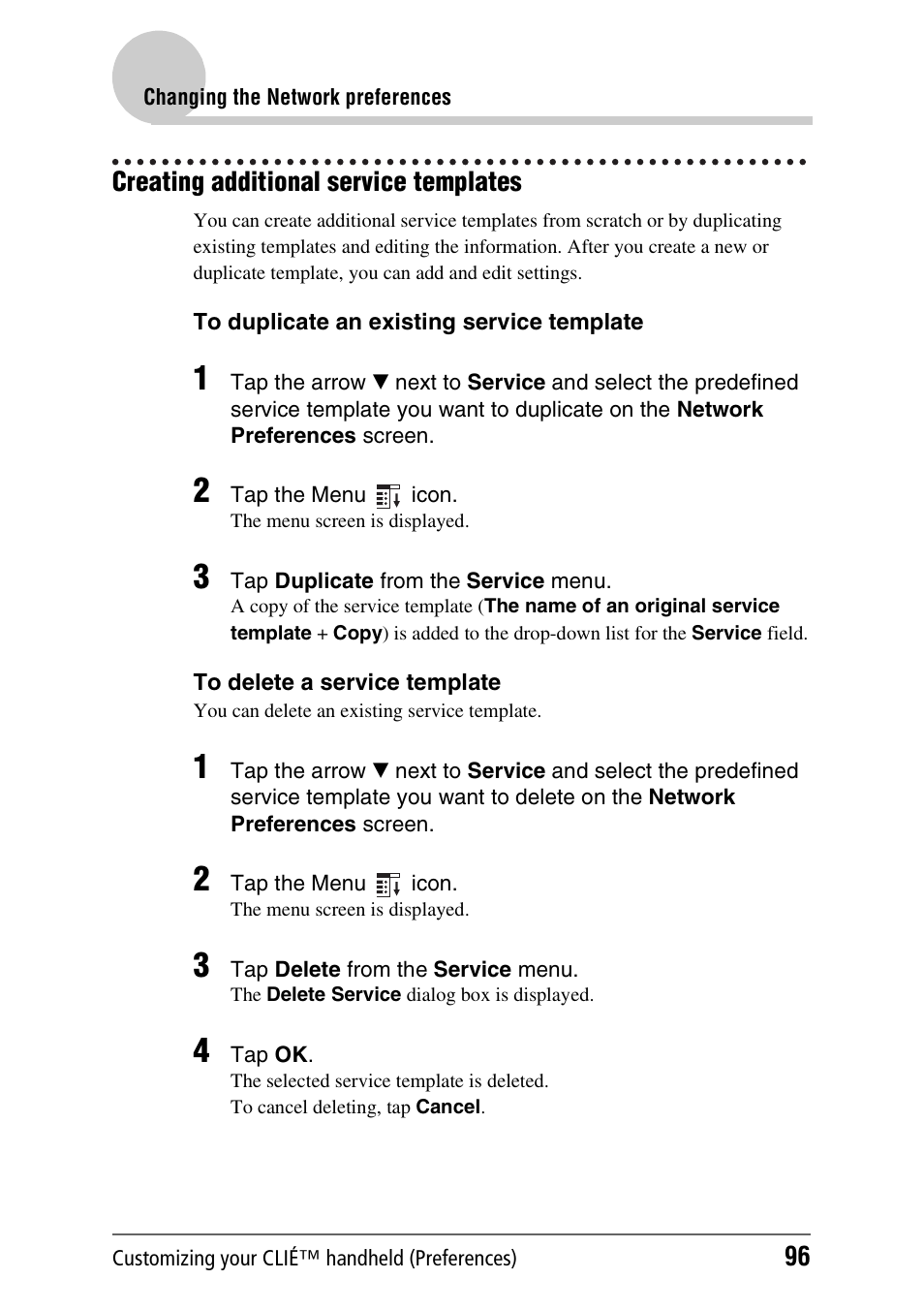 Creating additional service templates | Sony PEG-NX80V User Manual | Page 96 / 200