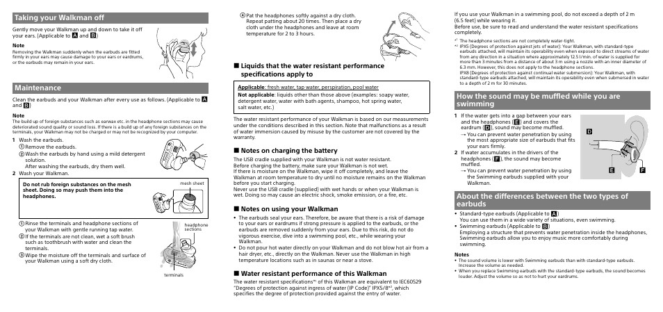 Taking your walkman off, Maintenance, Ą water resistant performance of this walkman | Sony NWZ-W273S User Manual | Page 2 / 2