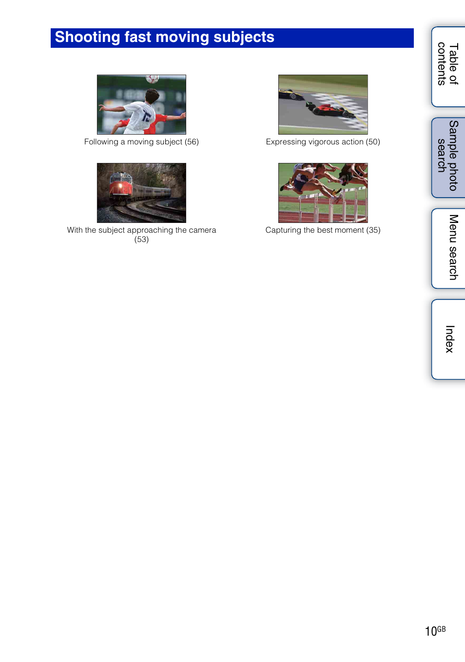 Shooting fast moving subjects, E 10 | Sony NEX-3 User Manual | Page 10 / 159