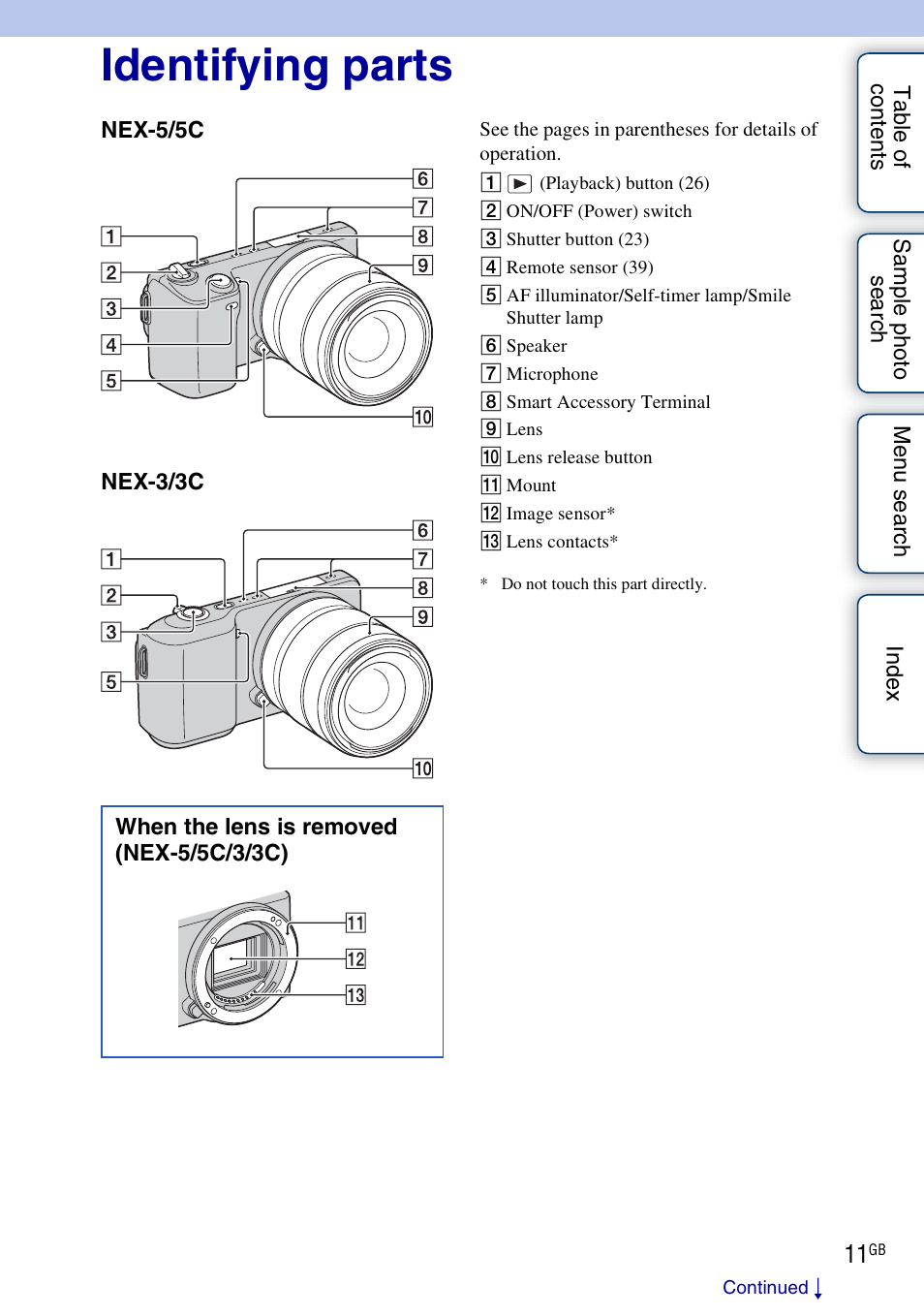 Identifying parts | Sony NEX-3 User Manual | Page 11 / 159