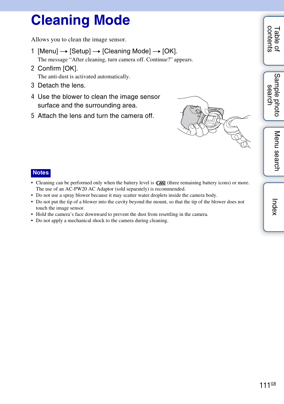 Cleaning mode | Sony NEX-3 User Manual | Page 111 / 159