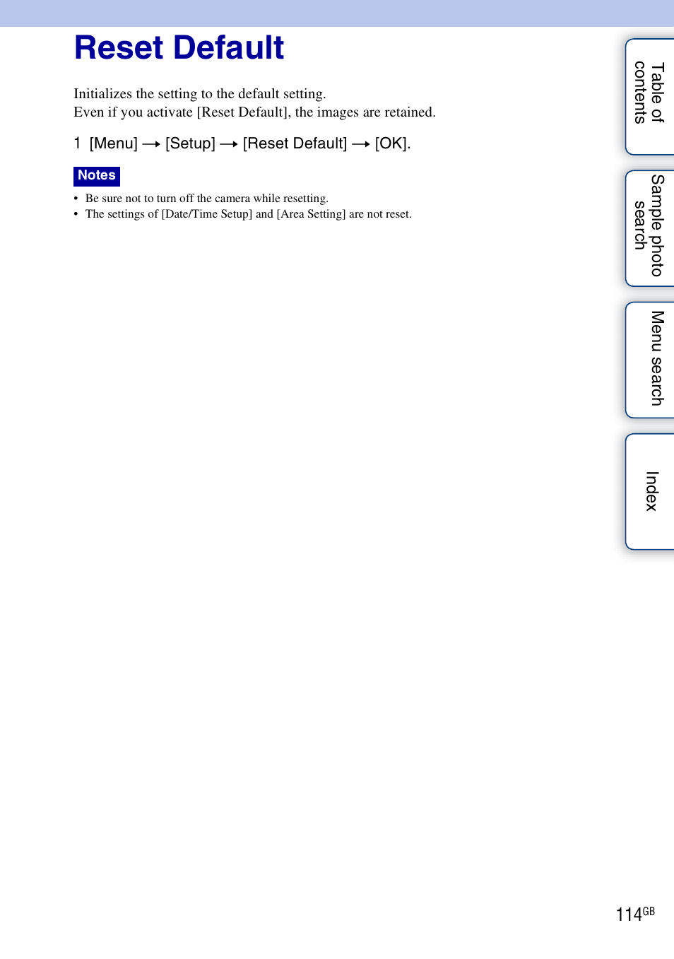 Reset default | Sony NEX-3 User Manual | Page 114 / 159