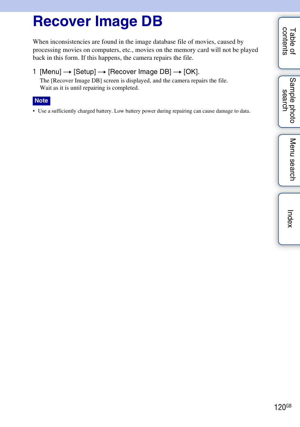 Recover image db | Sony NEX-3 User Manual | Page 120 / 159