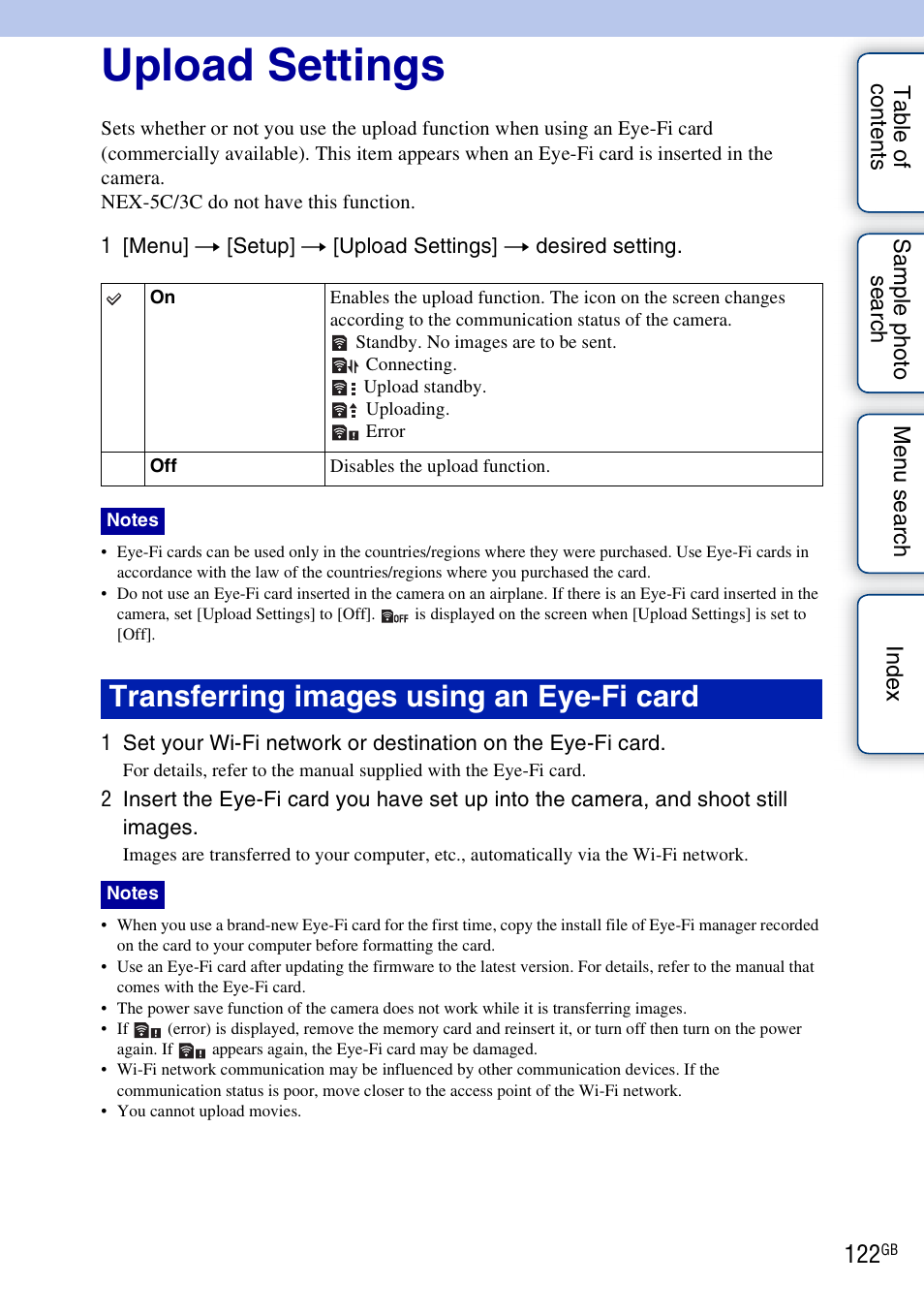 Upload settings, Transferring images using an eye-fi card | Sony NEX-3 User Manual | Page 122 / 159