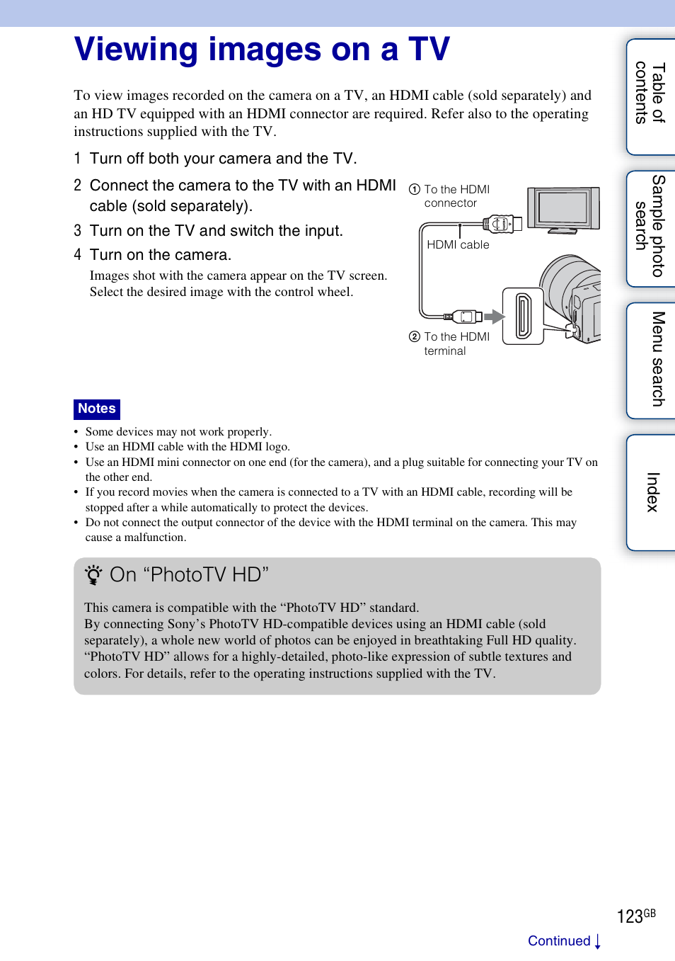 Viewing images on a tv, Connecting with other equipment, On “phototv hd | Sony NEX-3 User Manual | Page 123 / 159