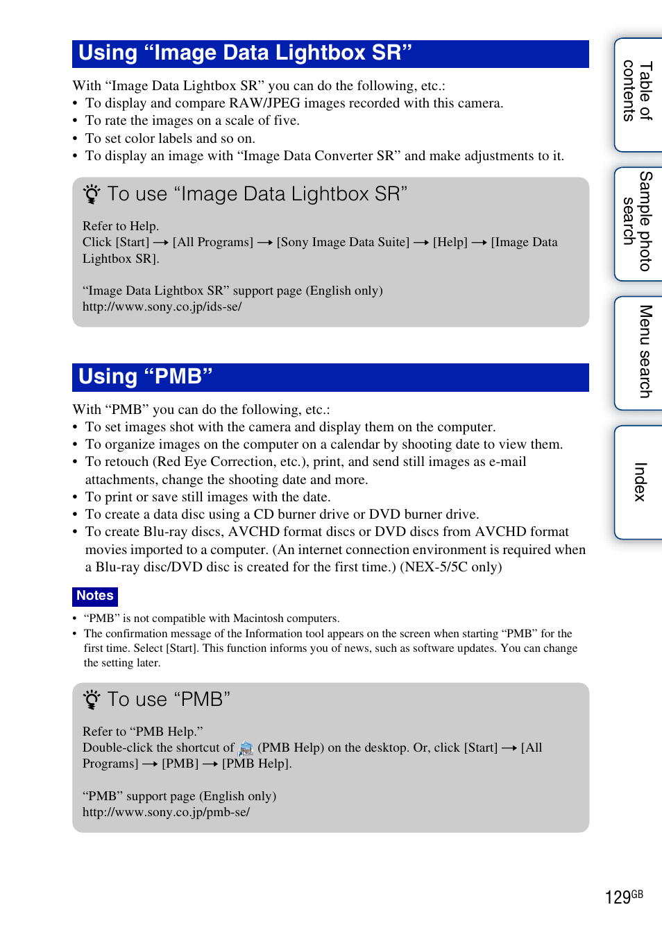 Using “image data lightbox sr” using “pmb | Sony NEX-3 User Manual | Page 129 / 159
