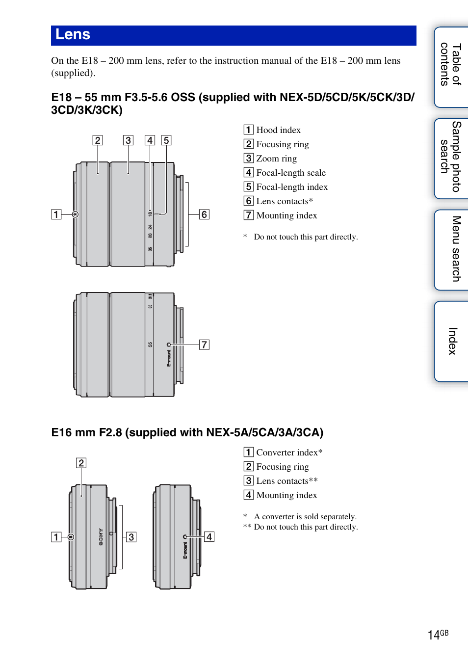 Lens | Sony NEX-3 User Manual | Page 14 / 159