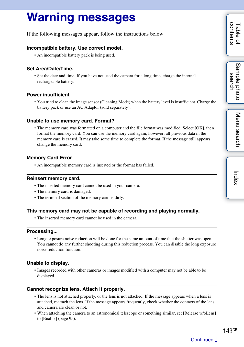 Warning messages | Sony NEX-3 User Manual | Page 143 / 159