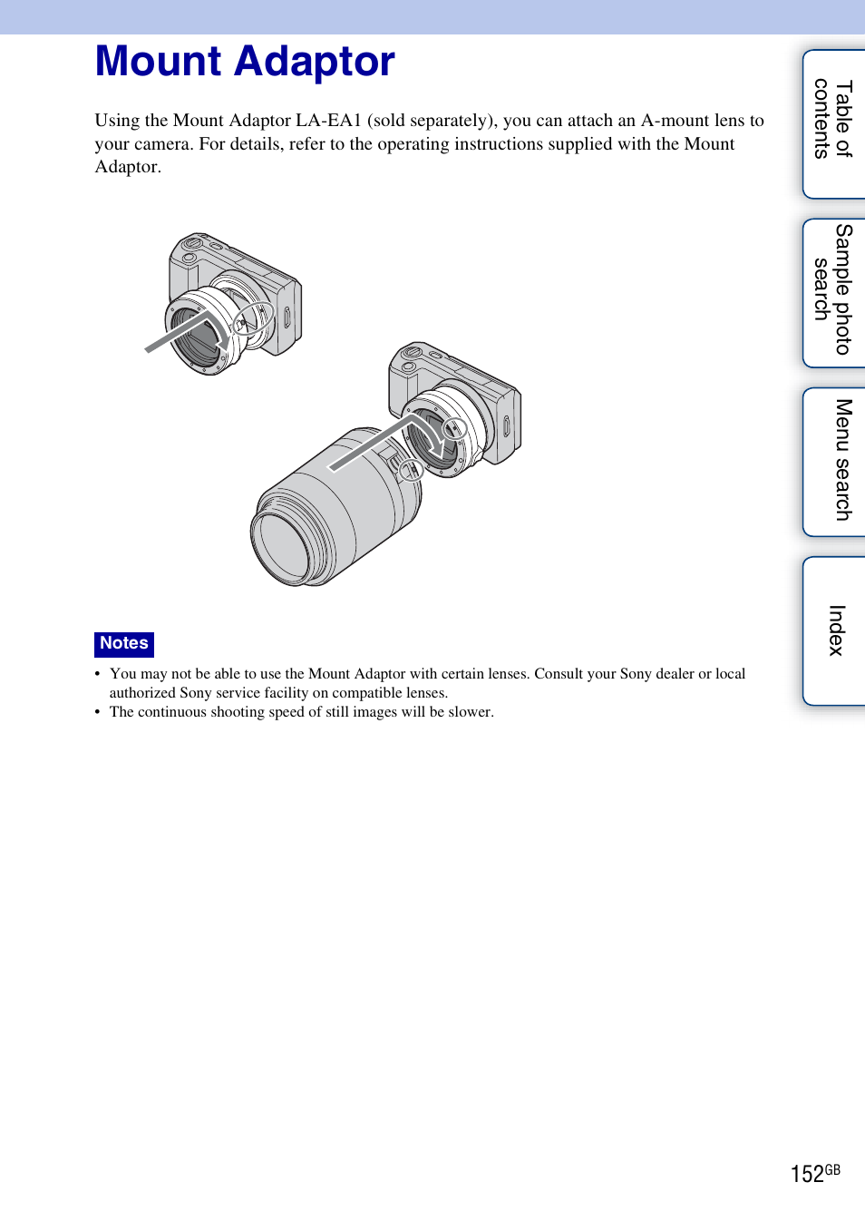 Mount adaptor | Sony NEX-3 User Manual | Page 152 / 159