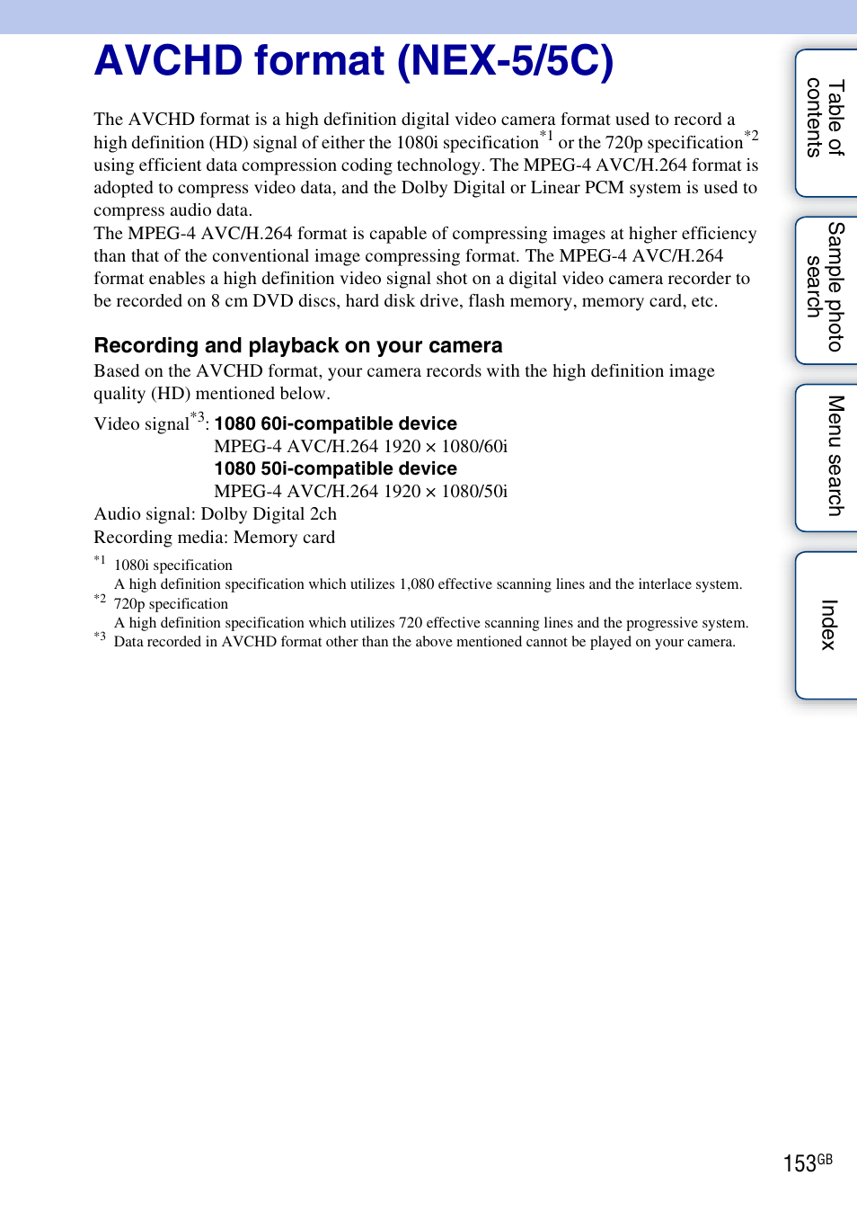 Avchd format (nex-5/5c) | Sony NEX-3 User Manual | Page 153 / 159
