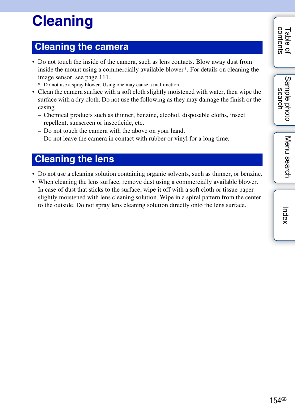 Cleaning, Cleaning the camera cleaning the lens | Sony NEX-3 User Manual | Page 154 / 159