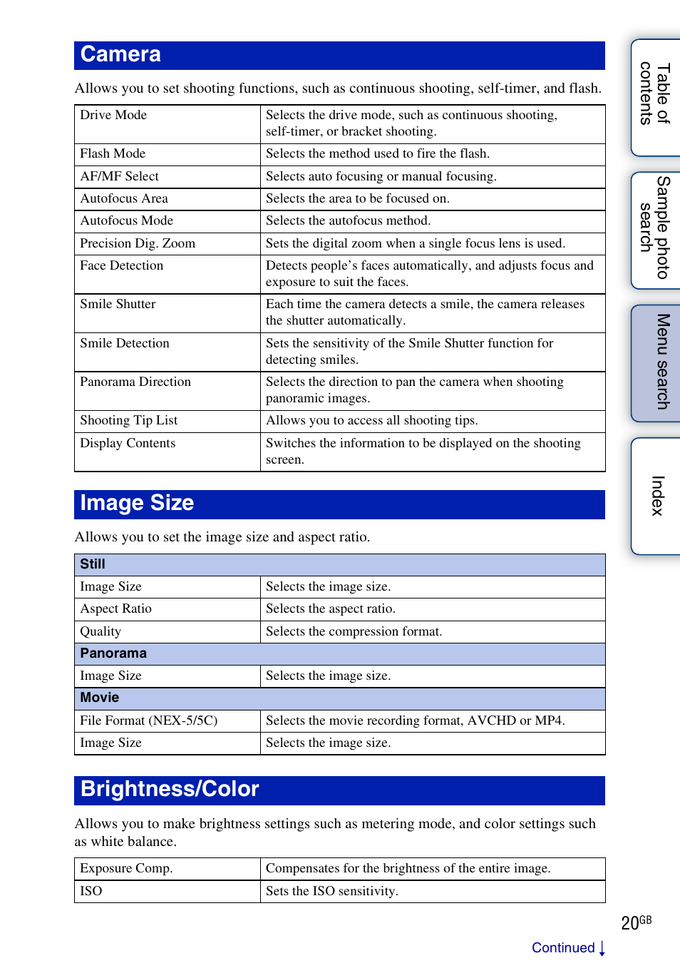 Camera, Image size, Brightness/color | Sony NEX-3 User Manual | Page 20 / 159