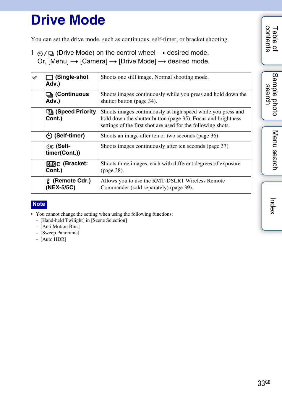 Drive mode | Sony NEX-3 User Manual | Page 33 / 159