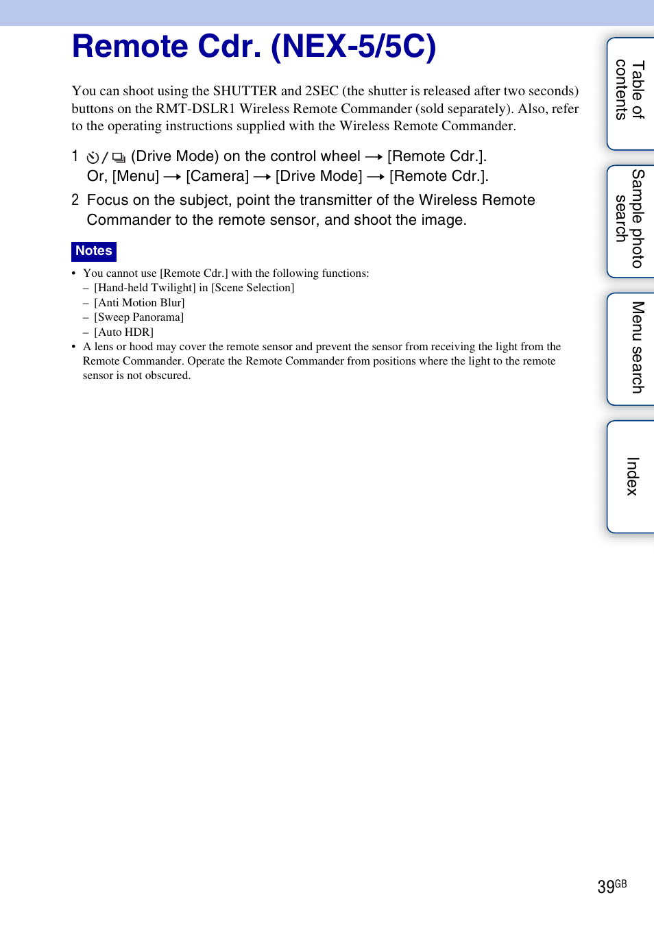 Remote cdr. (nex-5/5c) | Sony NEX-3 User Manual | Page 39 / 159