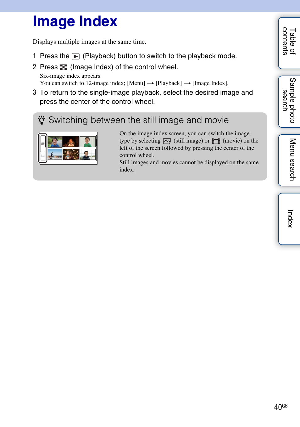 Image index, Switching between the still image and movie | Sony NEX-3 User Manual | Page 40 / 159