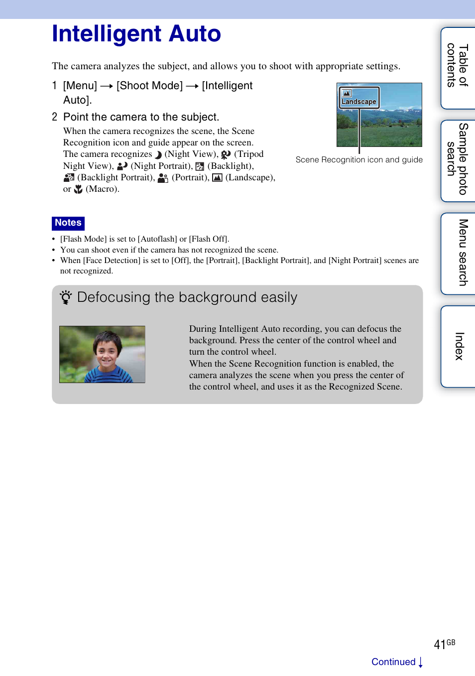 Intelligent auto, Defocusing the background easily | Sony NEX-3 User Manual | Page 41 / 159
