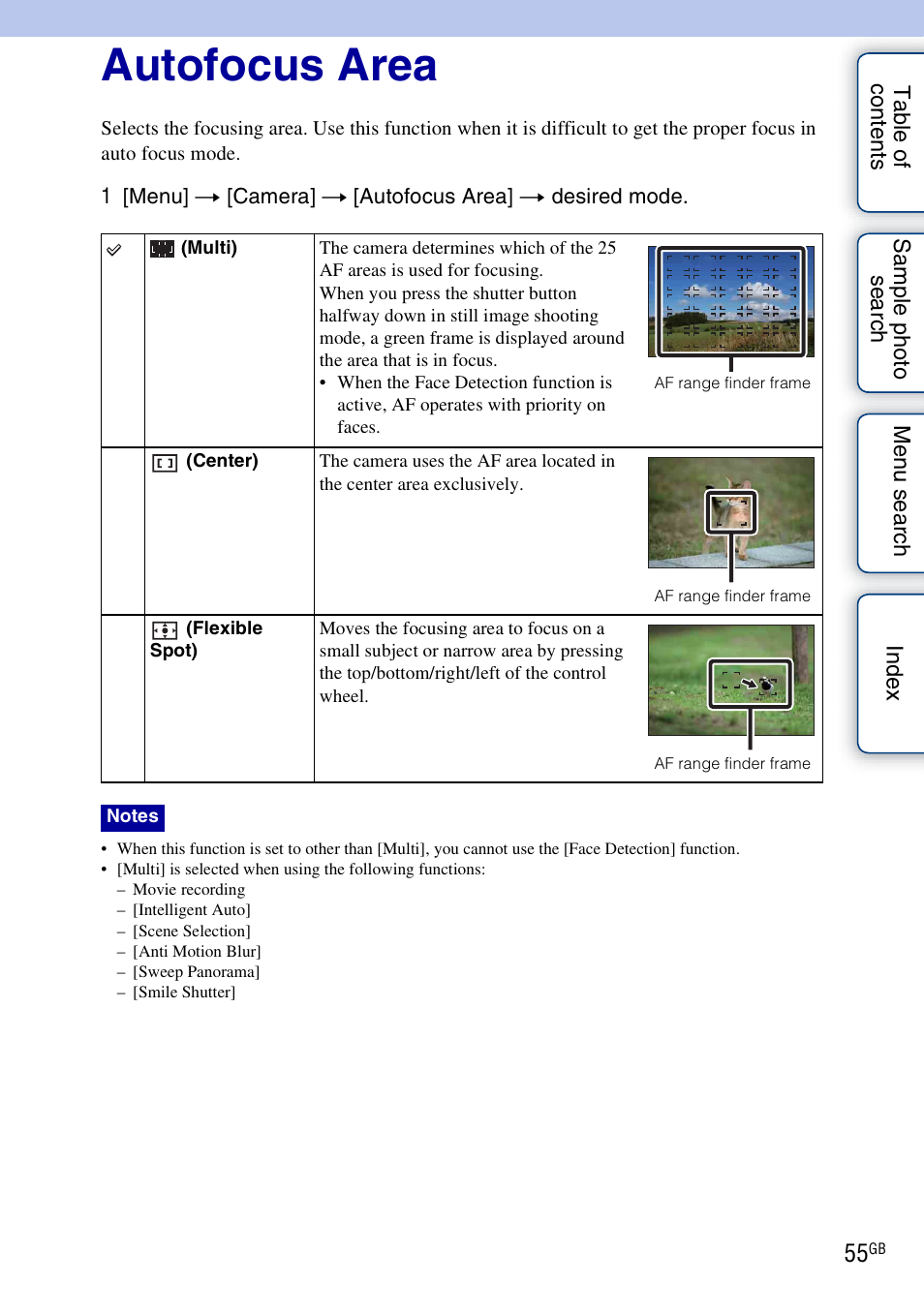 Autofocus area | Sony NEX-3 User Manual | Page 55 / 159