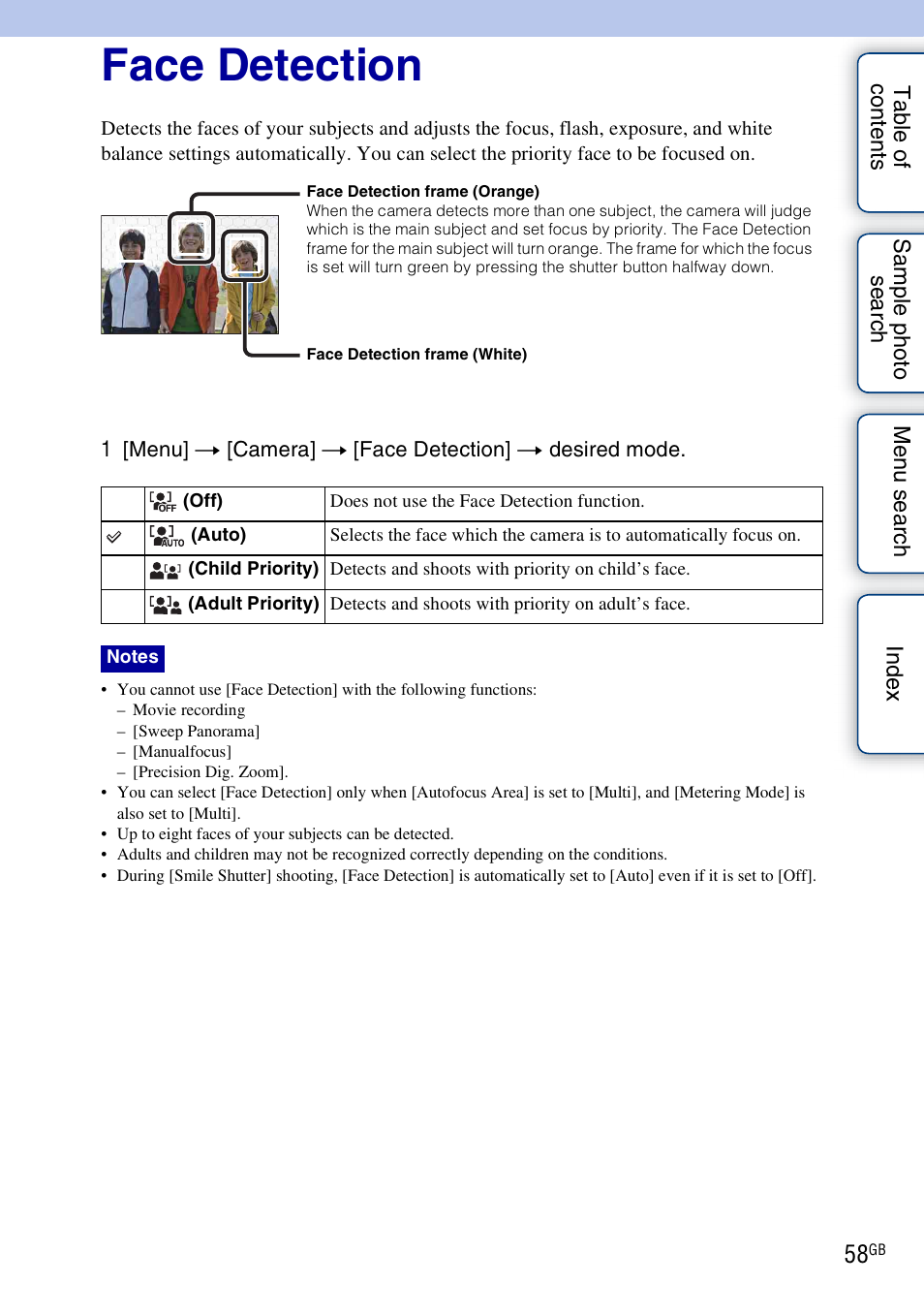 Face detection | Sony NEX-3 User Manual | Page 58 / 159