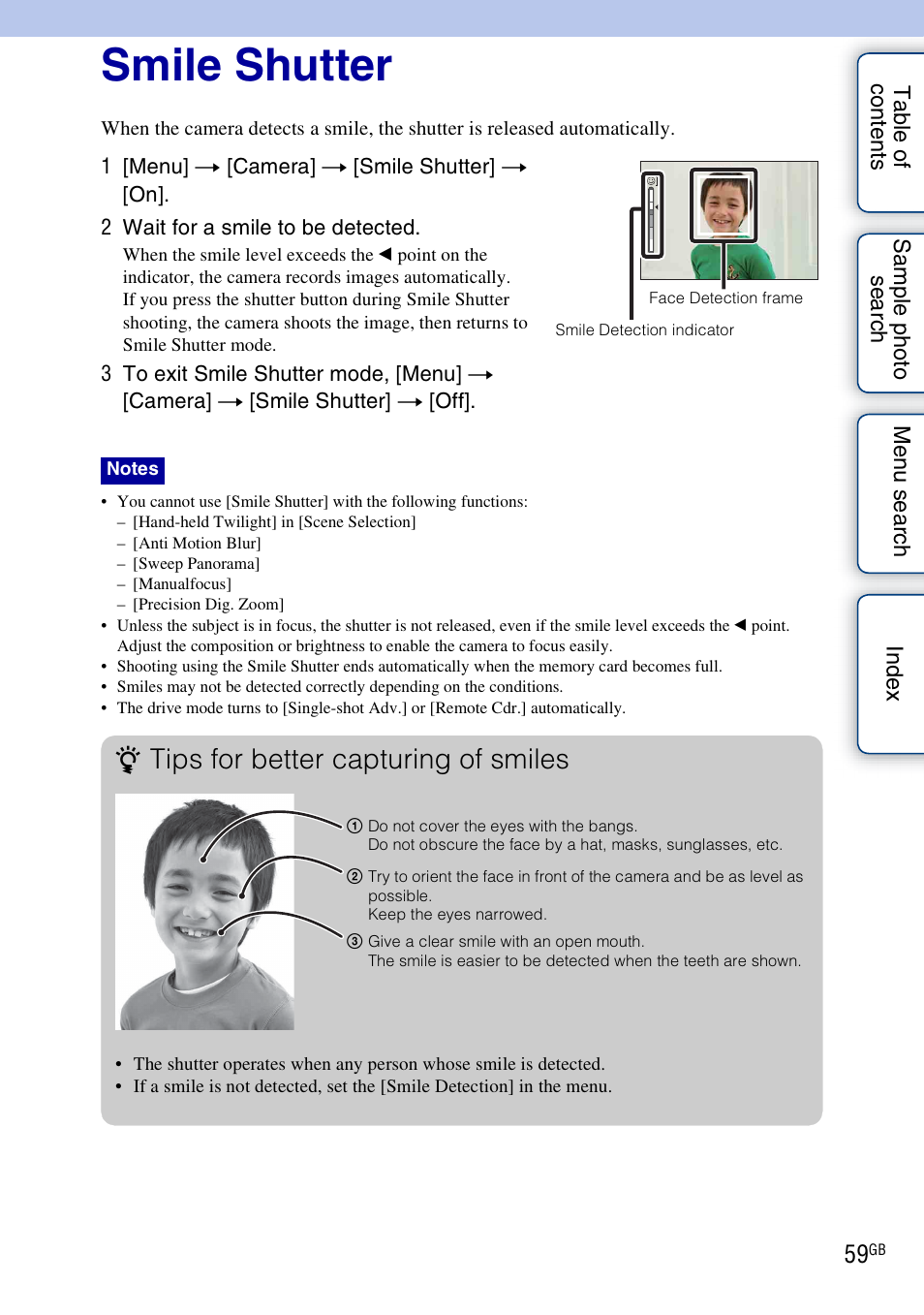 Smile shutter, Tips for better capturing of smiles | Sony NEX-3 User Manual | Page 59 / 159