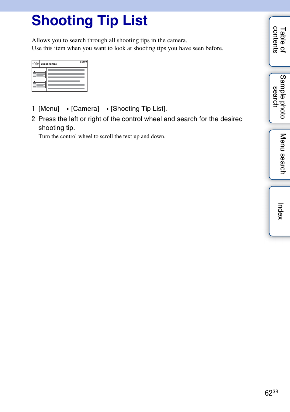 Shooting tip list | Sony NEX-3 User Manual | Page 62 / 159