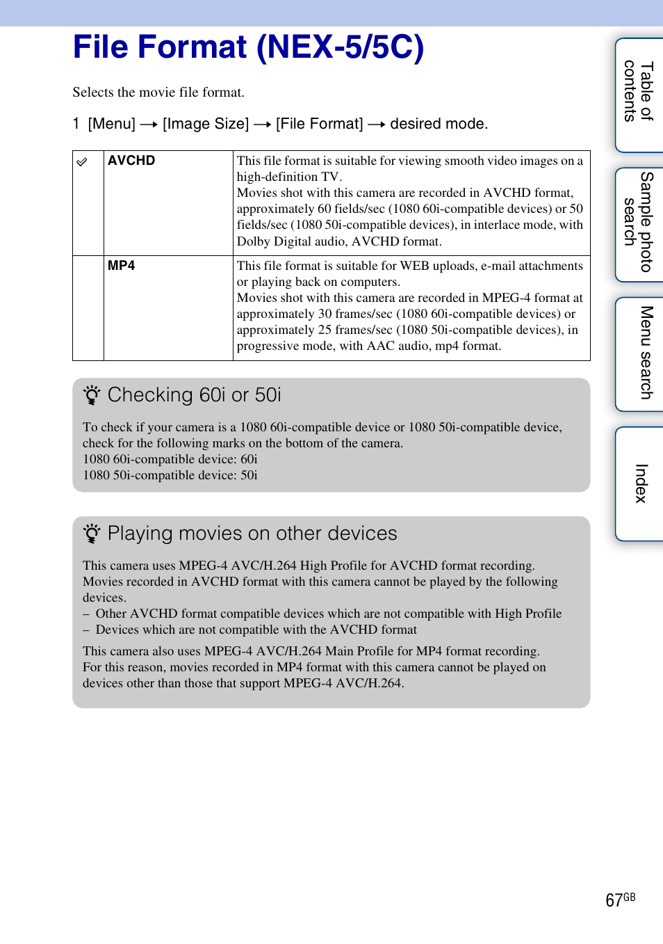 File format (nex-5/5c), Checking 60i or 50i, Playing movies on other devices | Sony NEX-3 User Manual | Page 67 / 159