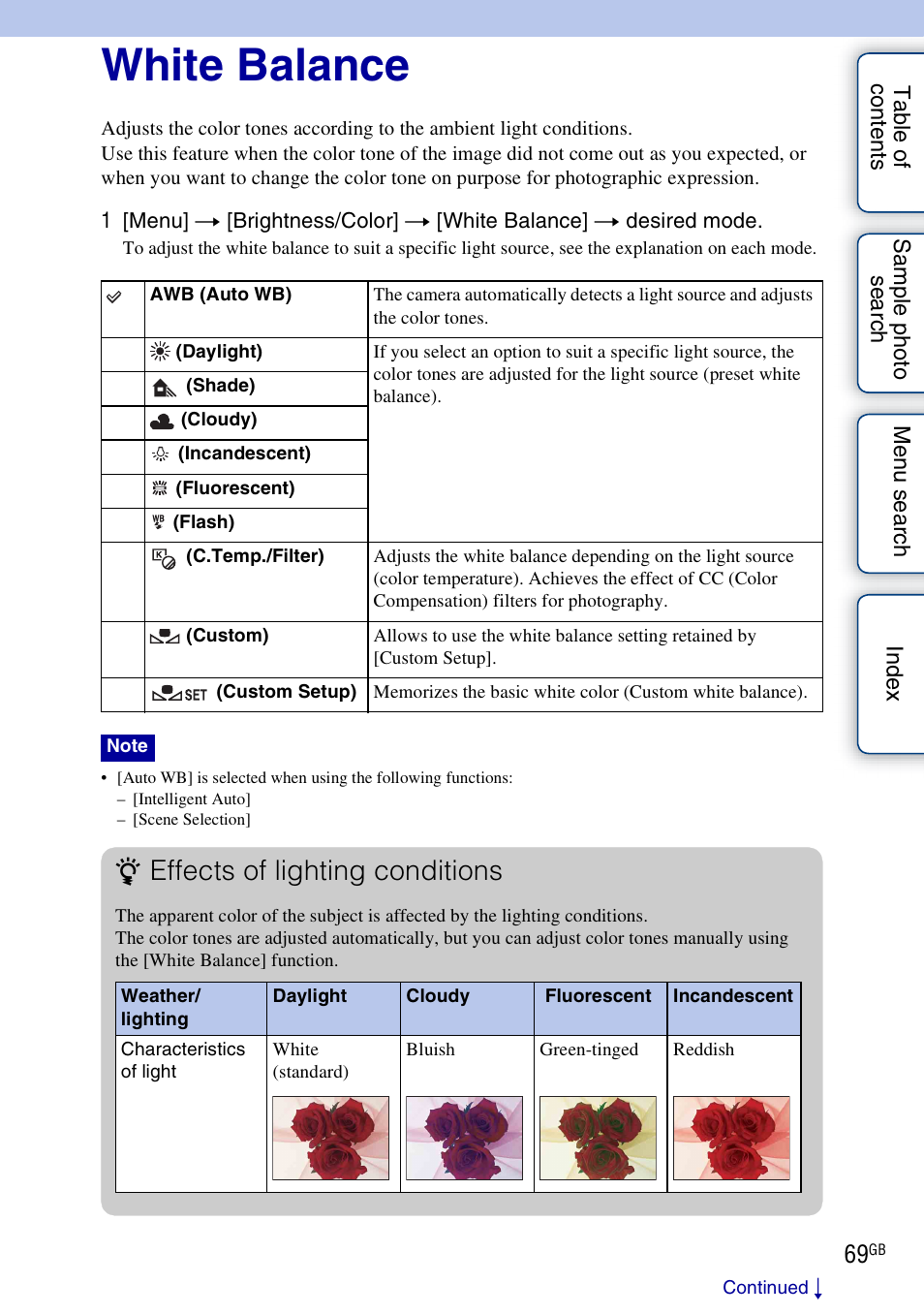 White balance, Effects of lighting conditions | Sony NEX-3 User Manual | Page 69 / 159