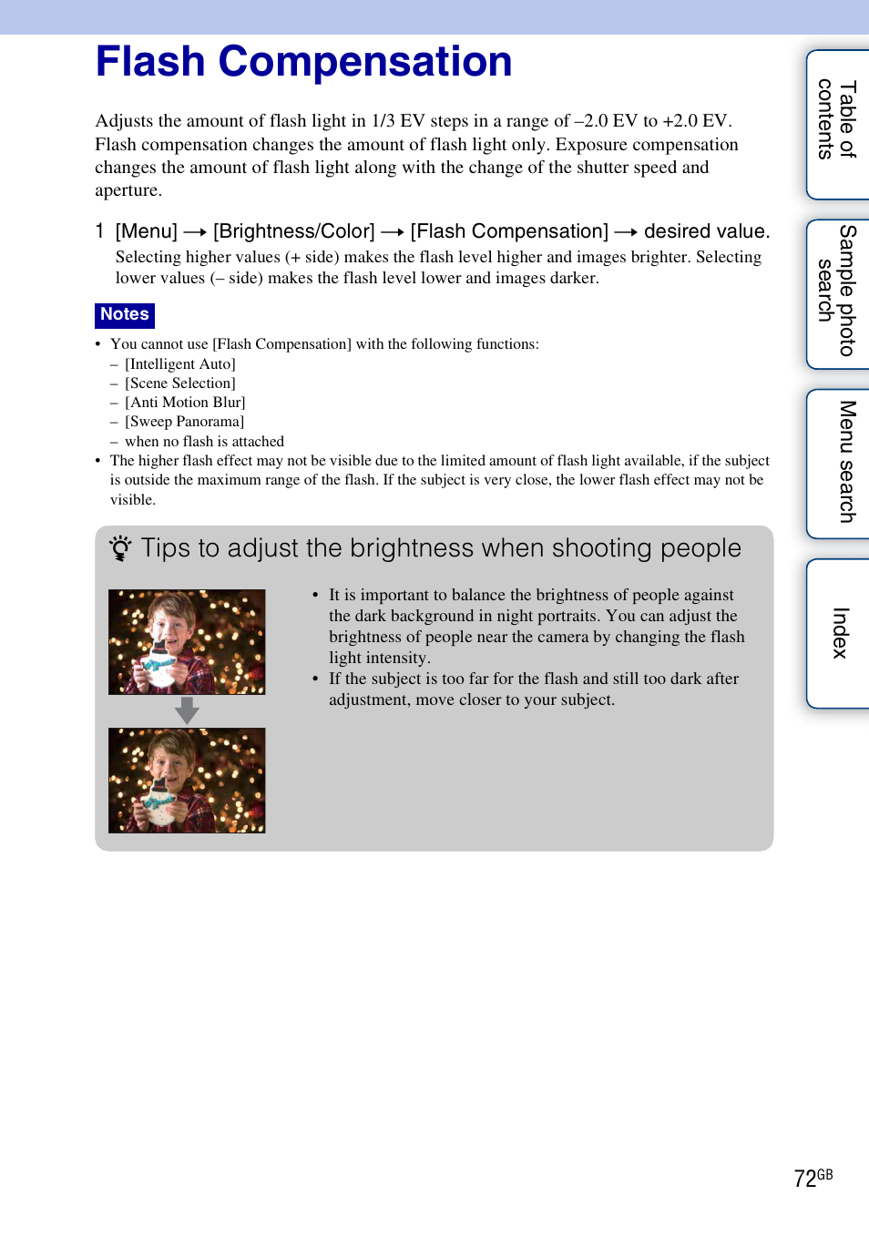 Flash compensation, Tips to adjust the brightness when shooting people | Sony NEX-3 User Manual | Page 72 / 159