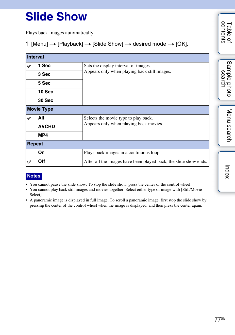 Slide show | Sony NEX-3 User Manual | Page 77 / 159