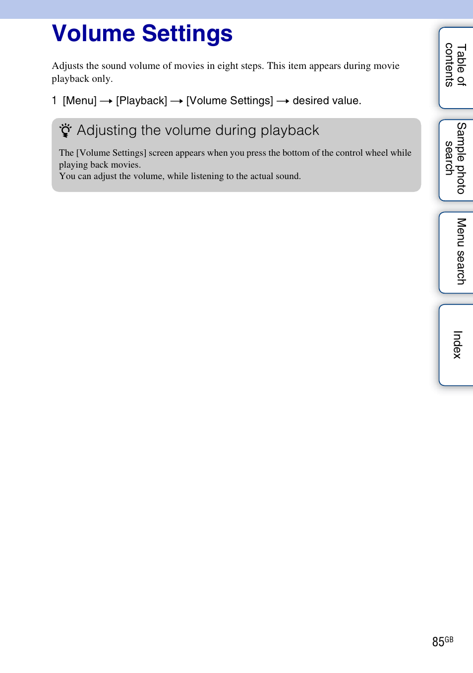 Volume settings, Adjusting the volume during playback | Sony NEX-3 User Manual | Page 85 / 159