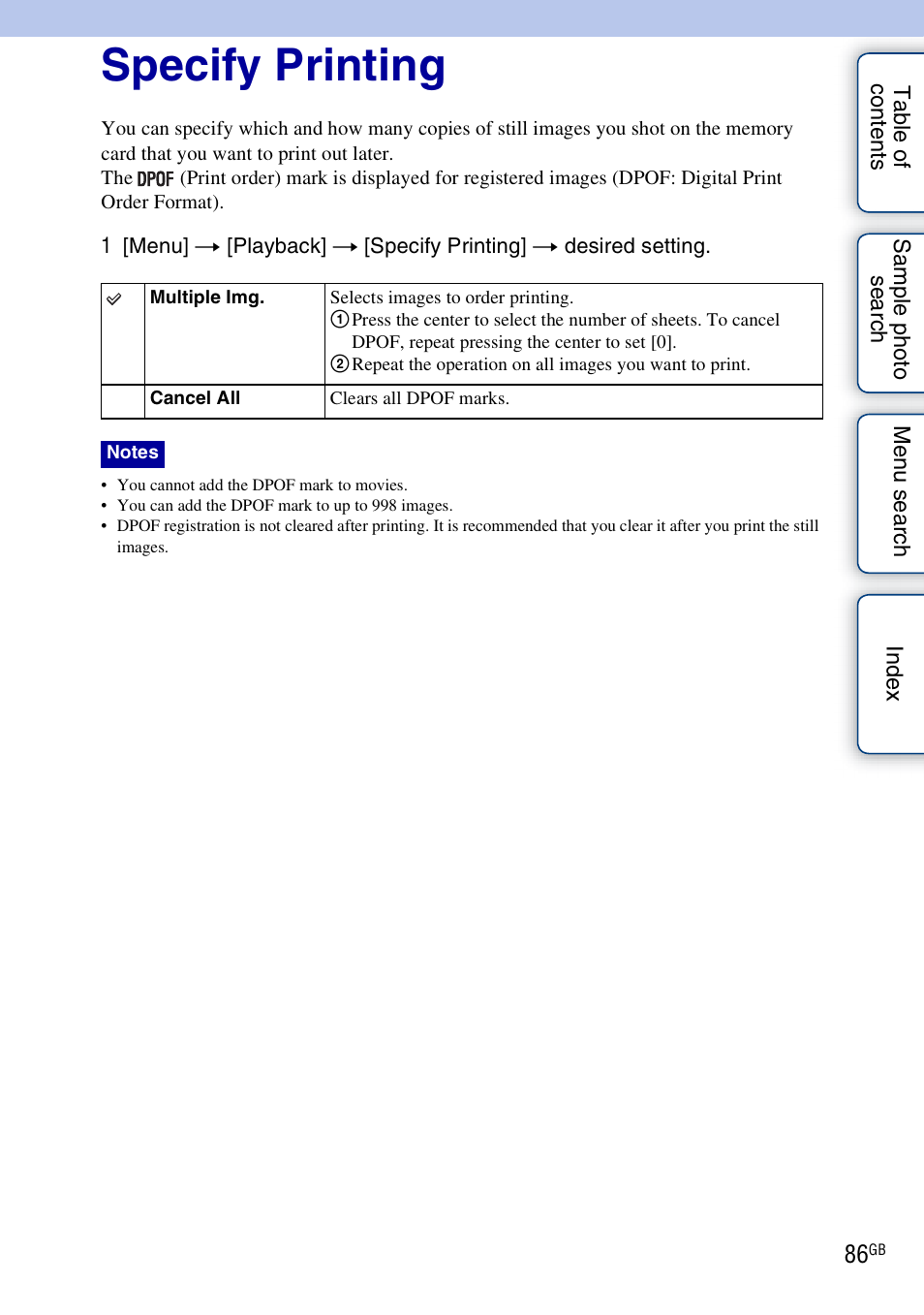 Specify printing | Sony NEX-3 User Manual | Page 86 / 159