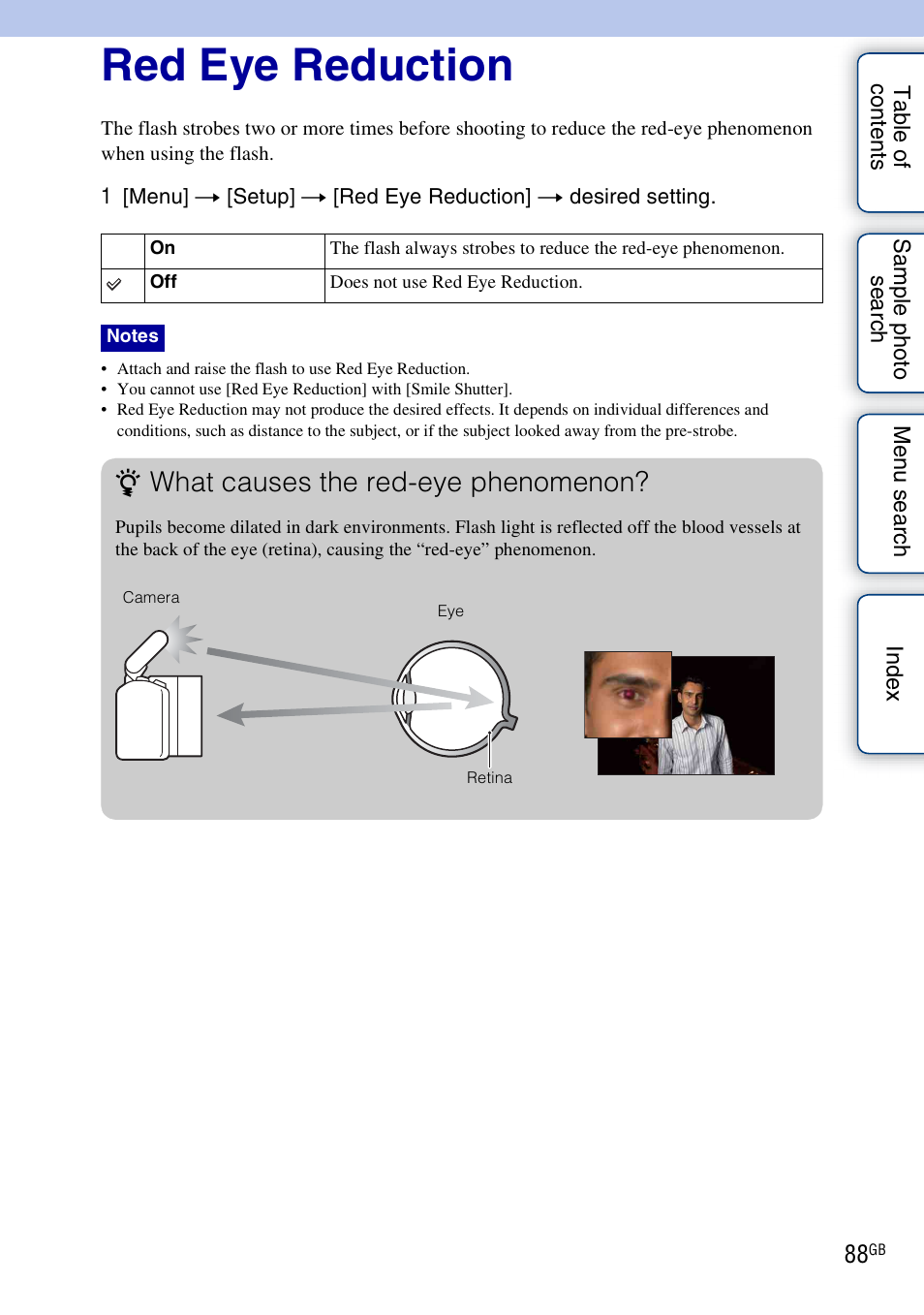 Red eye reduction, What causes the red-eye phenomenon | Sony NEX-3 User Manual | Page 88 / 159