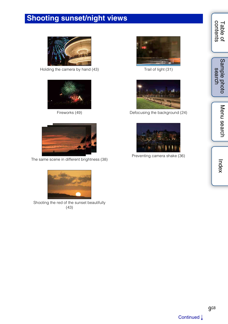 Shooting sunset/night views (pa | Sony NEX-3 User Manual | Page 9 / 159